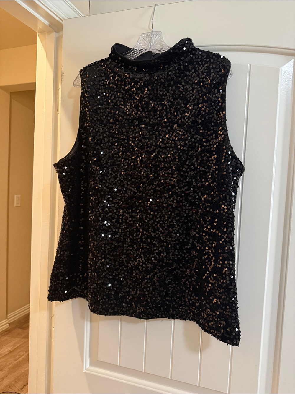 Ann Taylor Black Sleeveless Sequin Mockneck Top